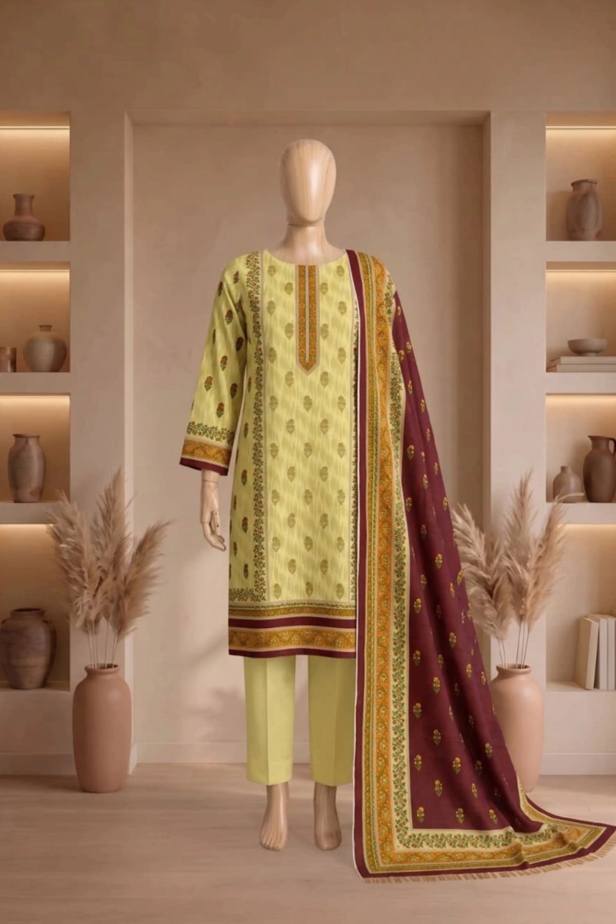 3 Pieces - Rijja By Murashe  Unstitched Lemon Ladies Printed Linen Suit