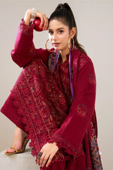 3 Pieces - Marooj Luxury Embroidered Unstitched Red  Karandi Ladies Suits