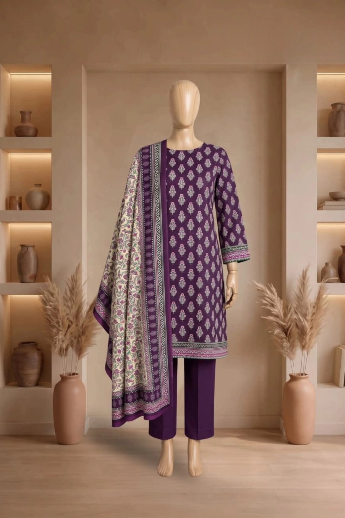 3 Pieces - Rijja By Murashe  Unstitched Purple Ladies Printed Linen Suit