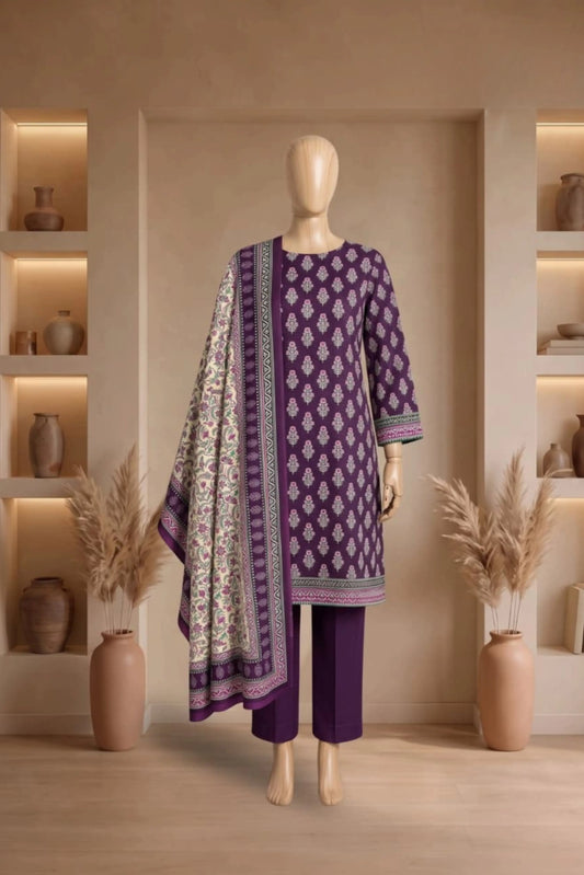 3 Pieces - Rijja By Murashe  Unstitched Purple Ladies Printed Linen Suit