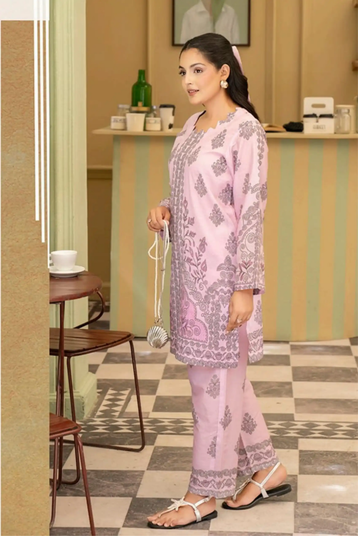 2 Piece: Coco Print By Marooj Baby Pink  Lawn Suit