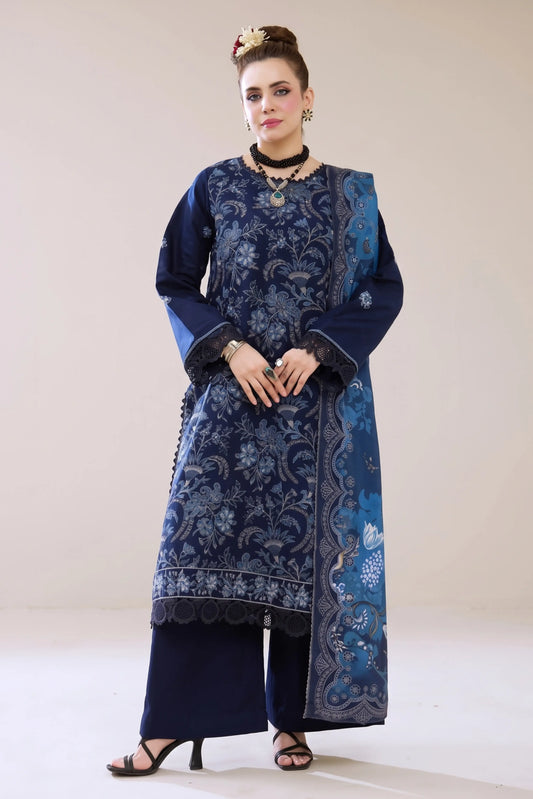3 Pieces - Marooj Luxury Embroidered Unstitched Navy Blue Karandi Ladies Suits