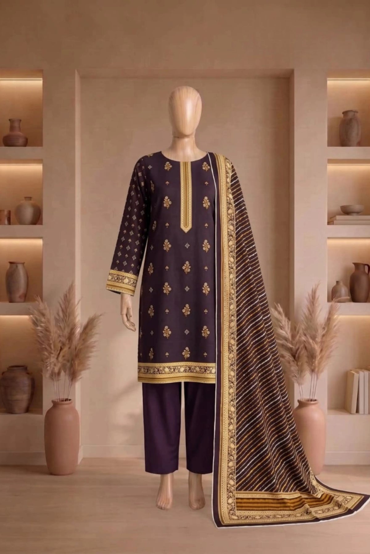 3 Pieces - Rijja By Murashe  Unstitched Purple Ladies Printed Linen Suit