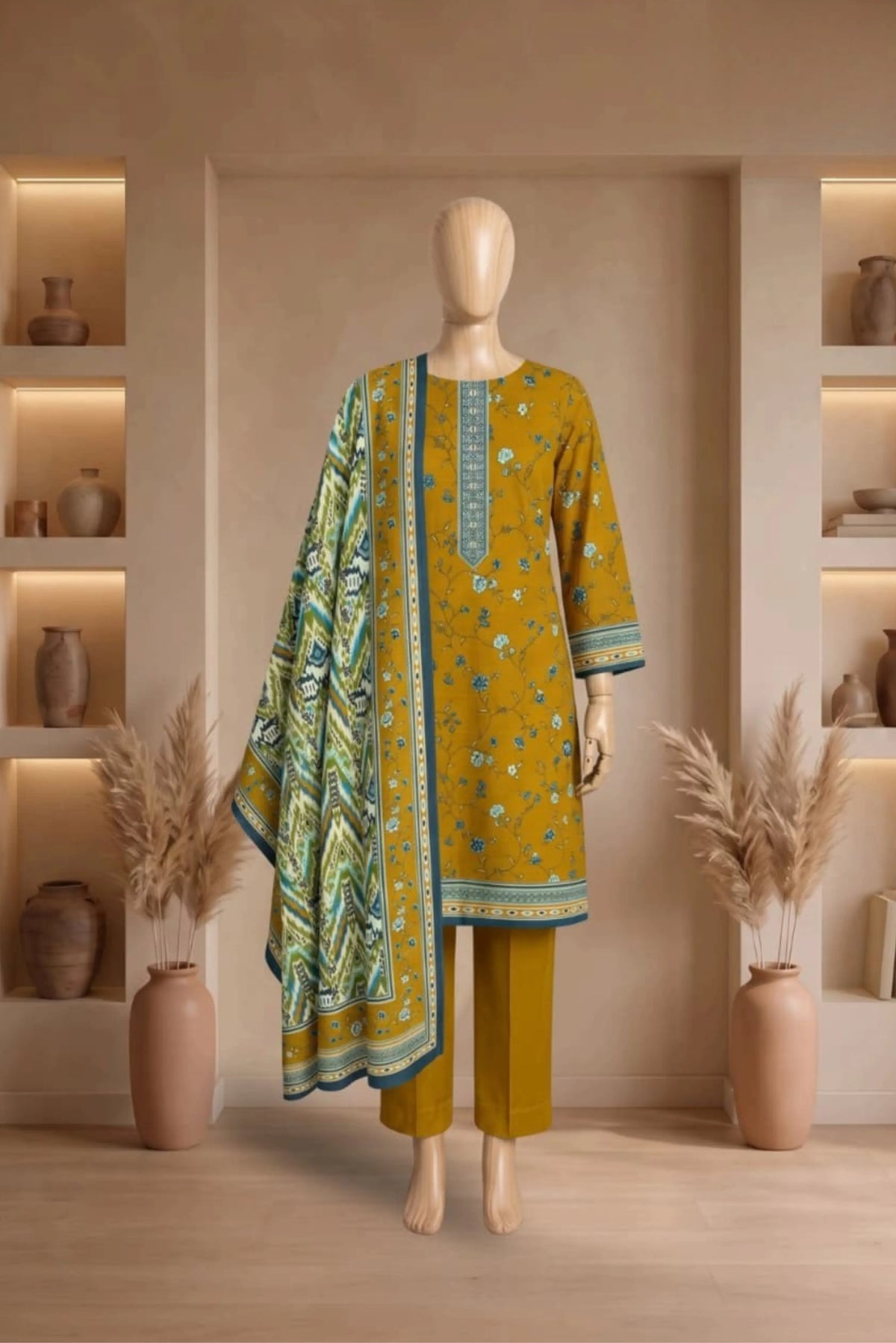 3 Pieces - Rijja By Murashe  Unstitched Mustard Ladies Printed Linen Suit
