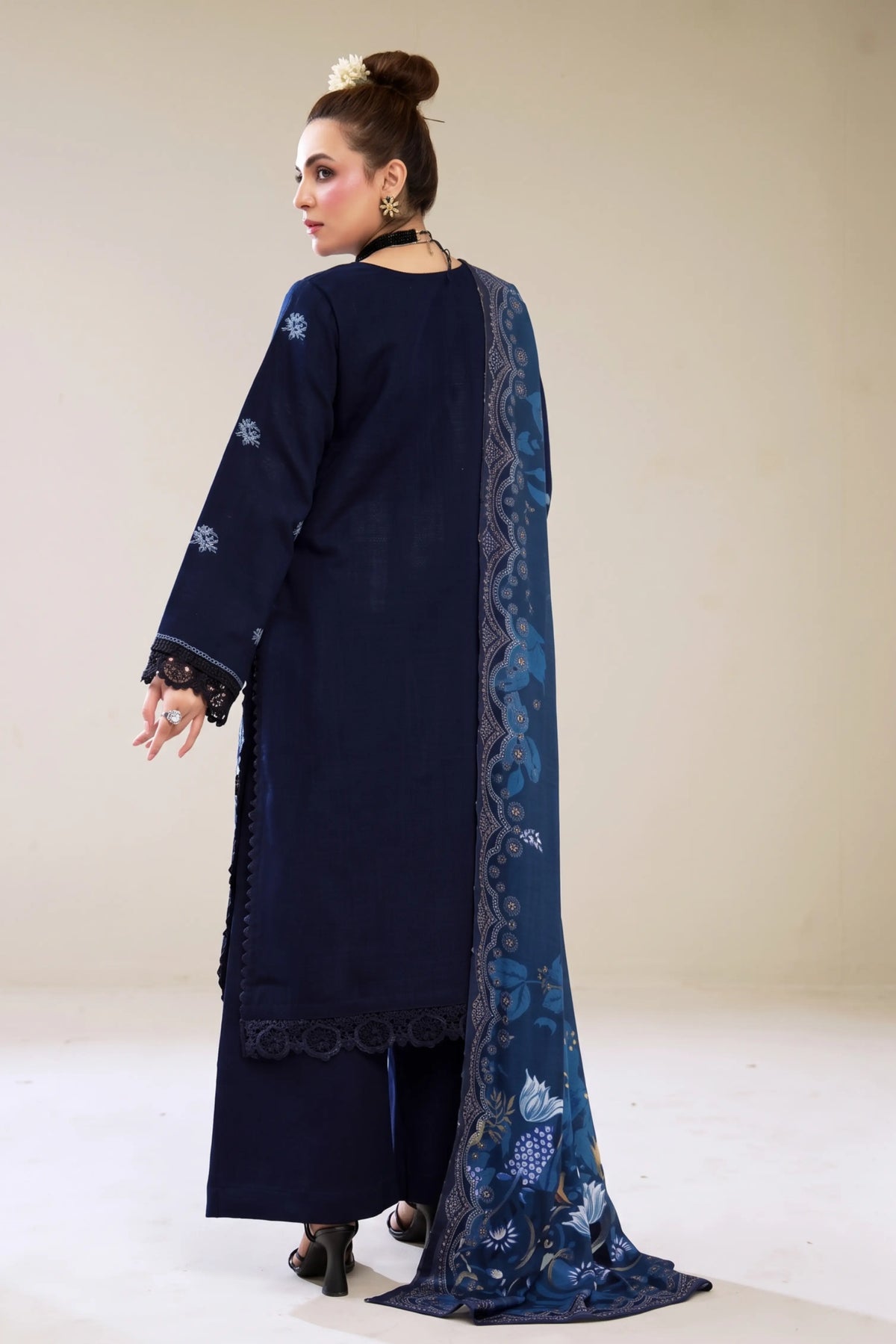 3 Pieces - Marooj Luxury Embroidered Unstitched Navy Blue Karandi Ladies Suits