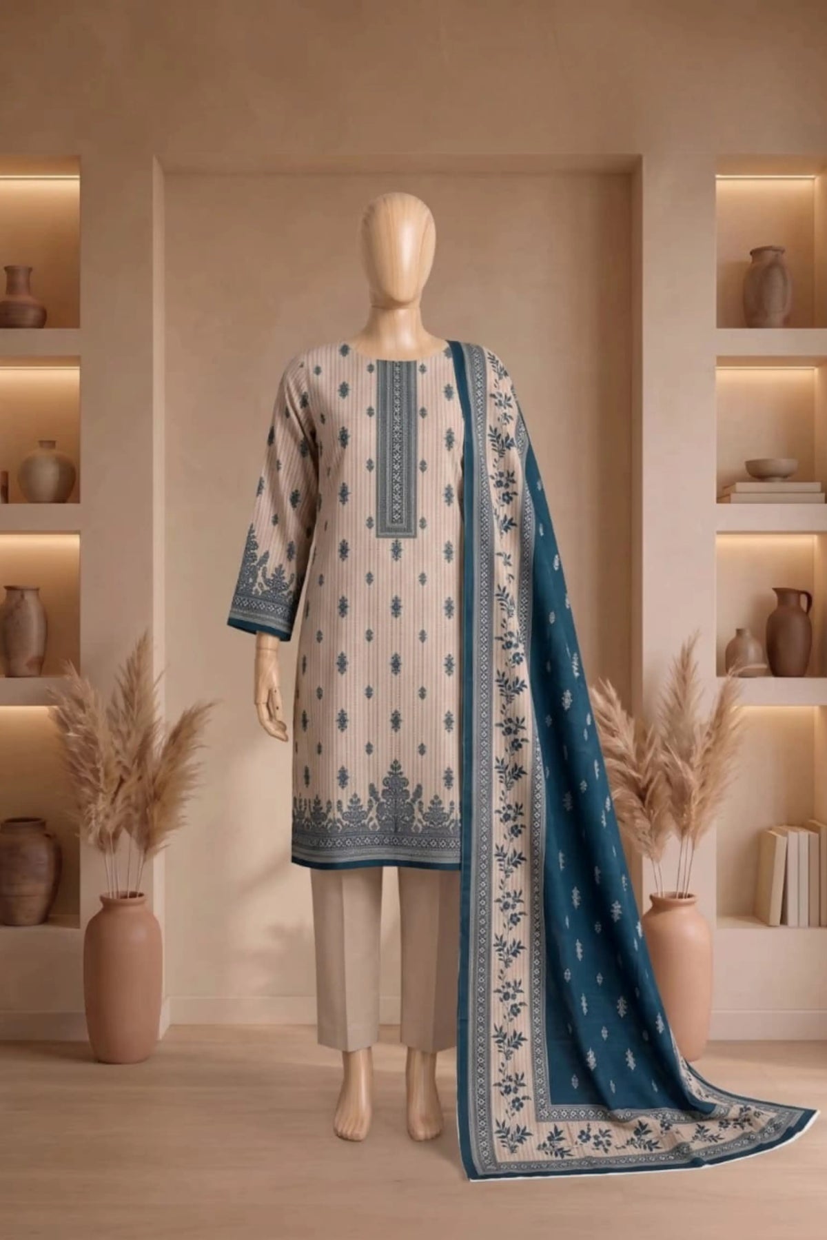 3 Pieces - Rijja By Murashe  Unstitched Grey Ladies Linen Printed Suit