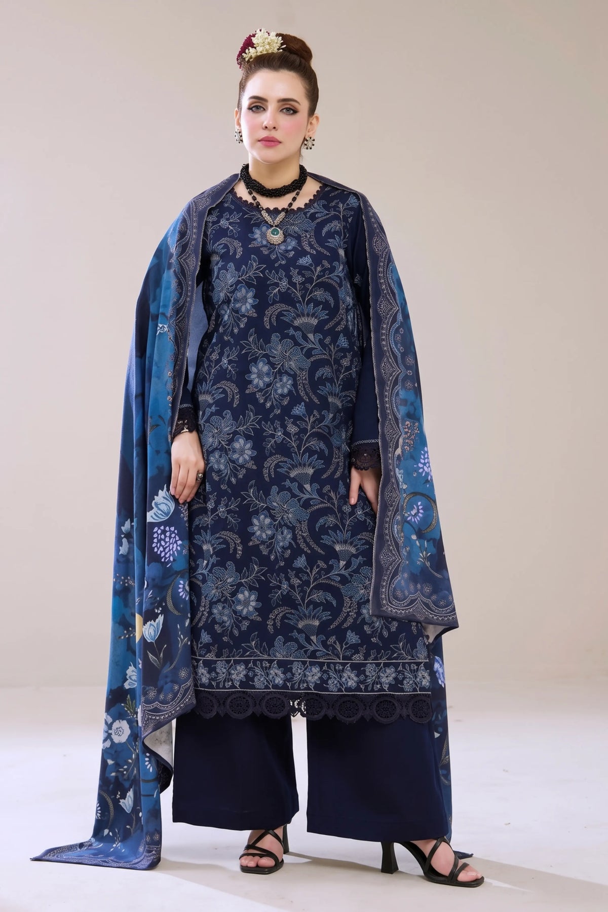 3 Pieces - Marooj Luxury Embroidered Unstitched Navy Blue Karandi Ladies Suits