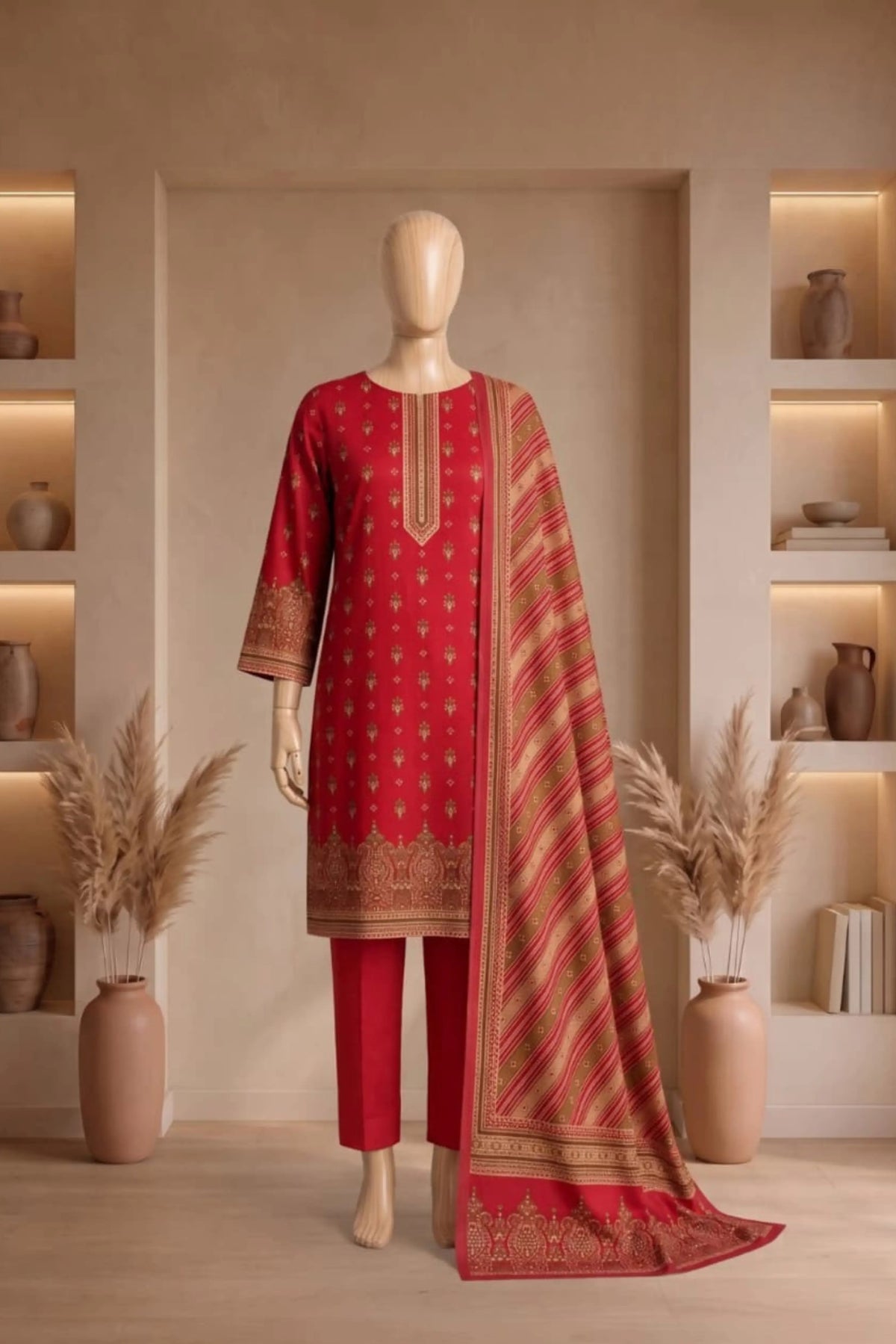 3 Pieces - Rijja By Murashe  Unstitched Red Ladies Printed Linen Suit
