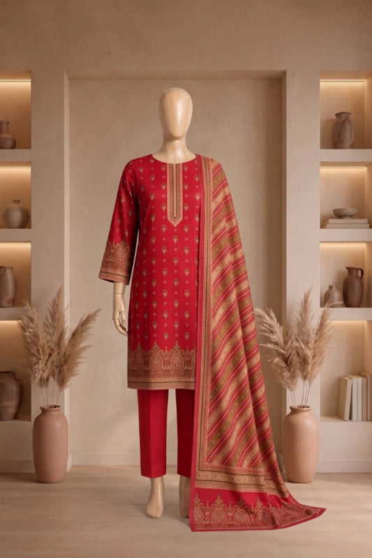 3 Pieces - Rijja By Murashe  Unstitched Red Ladies Printed Linen Suit
