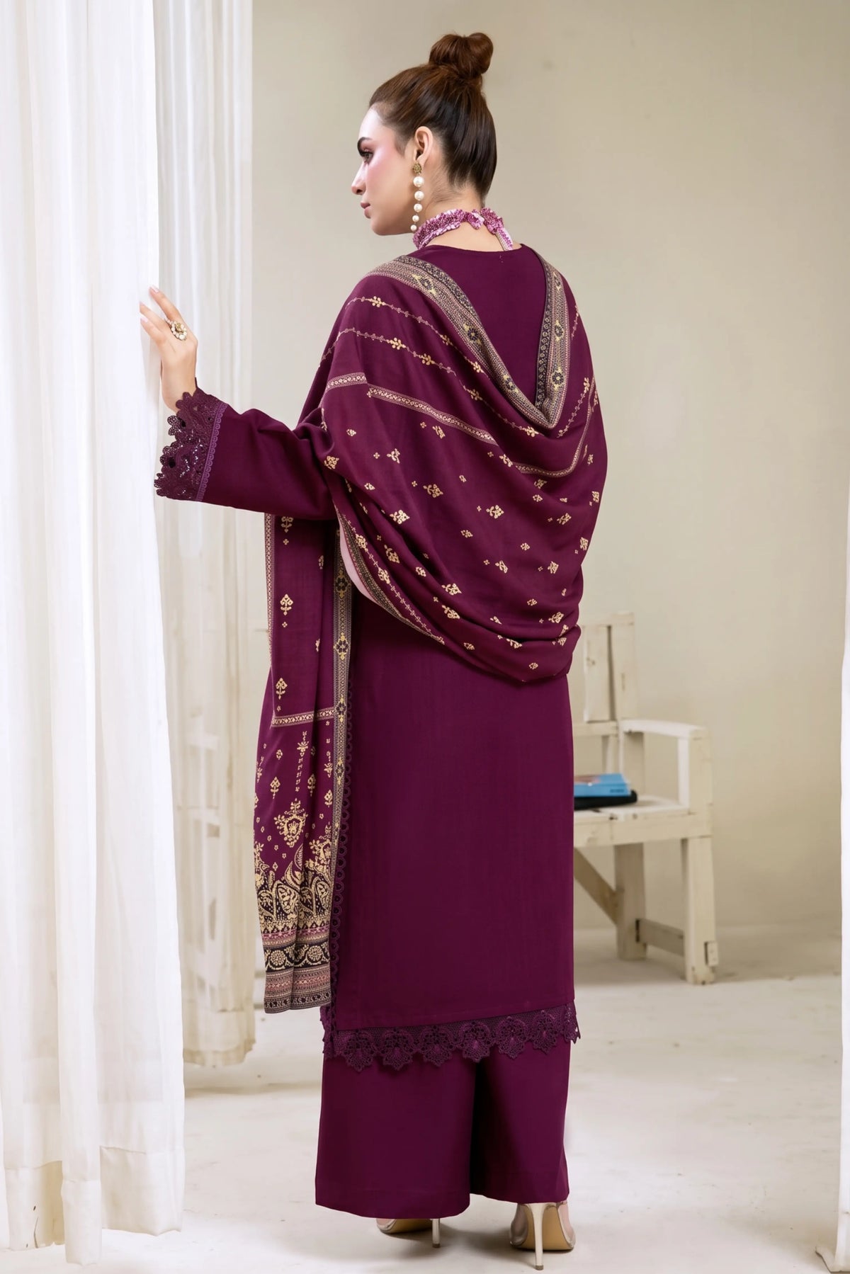 3 Pieces - Marooj Luxury Embroidered Unstitched Maroon Karandi Ladies Suits