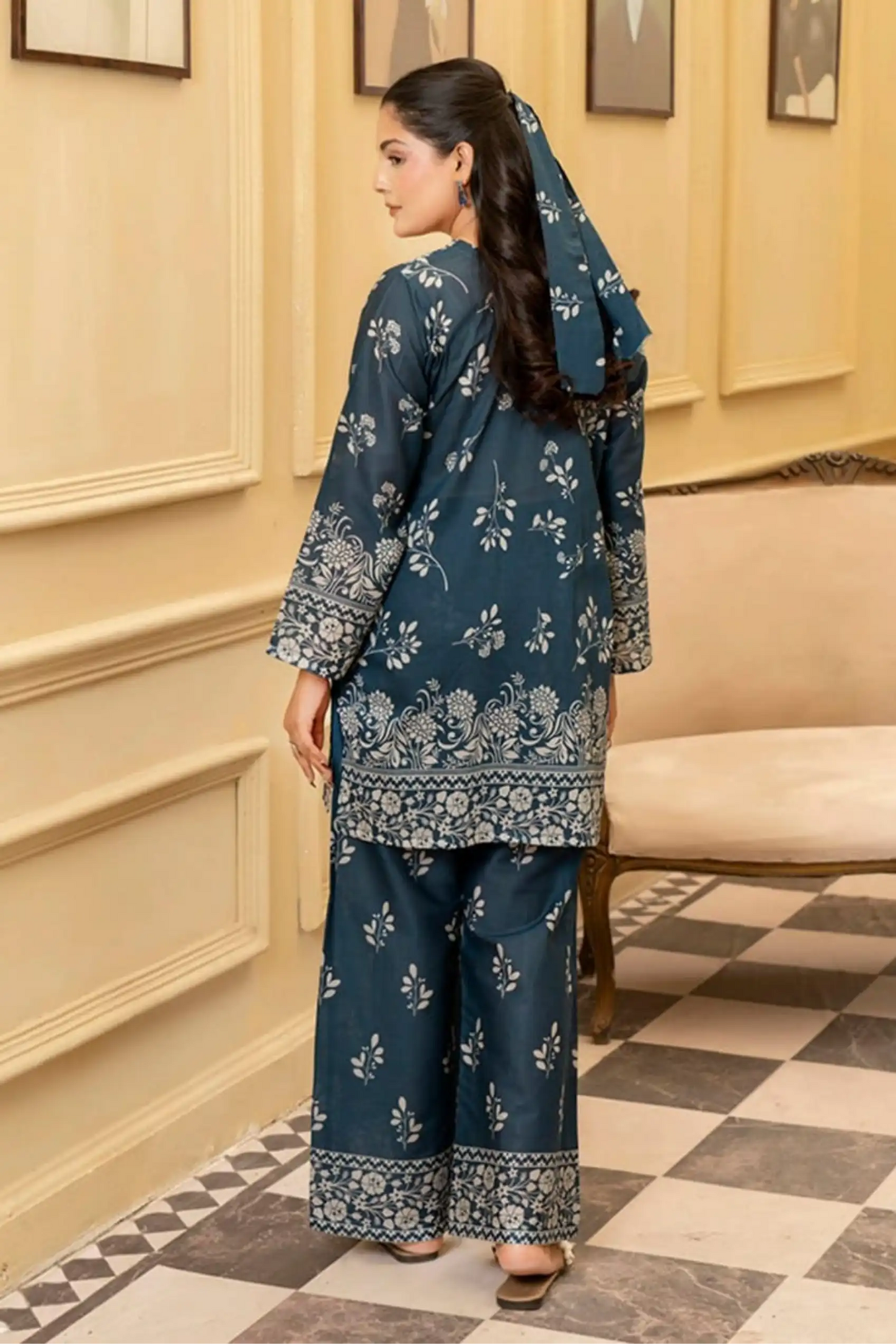 2 Piece: Coco Print By Marooj  Grayish Blue Lawn Suit