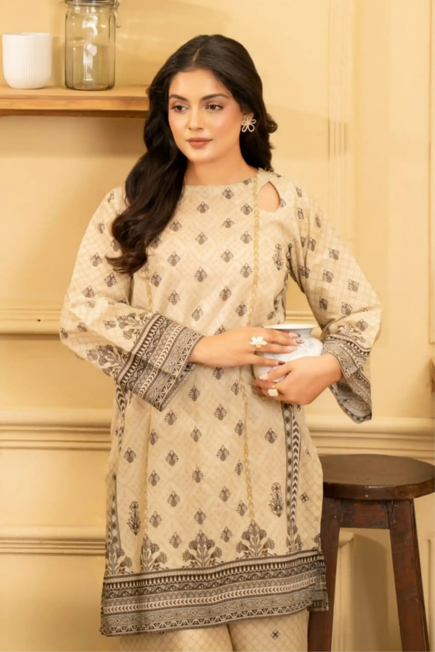 2 Piece: Coco Print By Marooj  Cream Lawn Suit