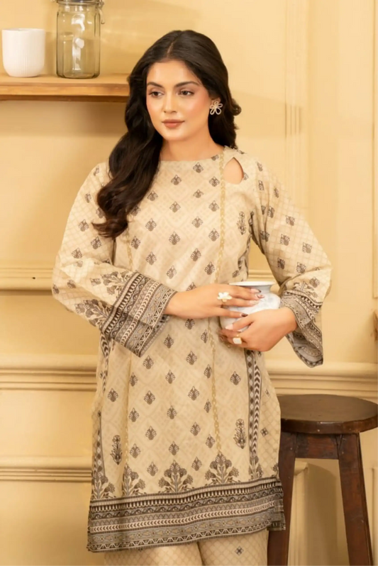 2 Piece: Coco Print By Marooj  Cream Lawn Suit