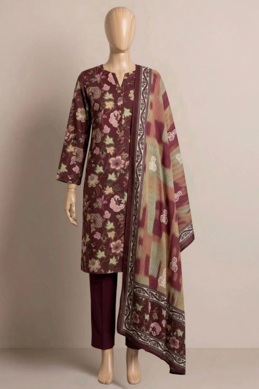 3 Pieces - Rijja By Murashe Unstitched Maroon Ladies Printed  Khaddar Suit