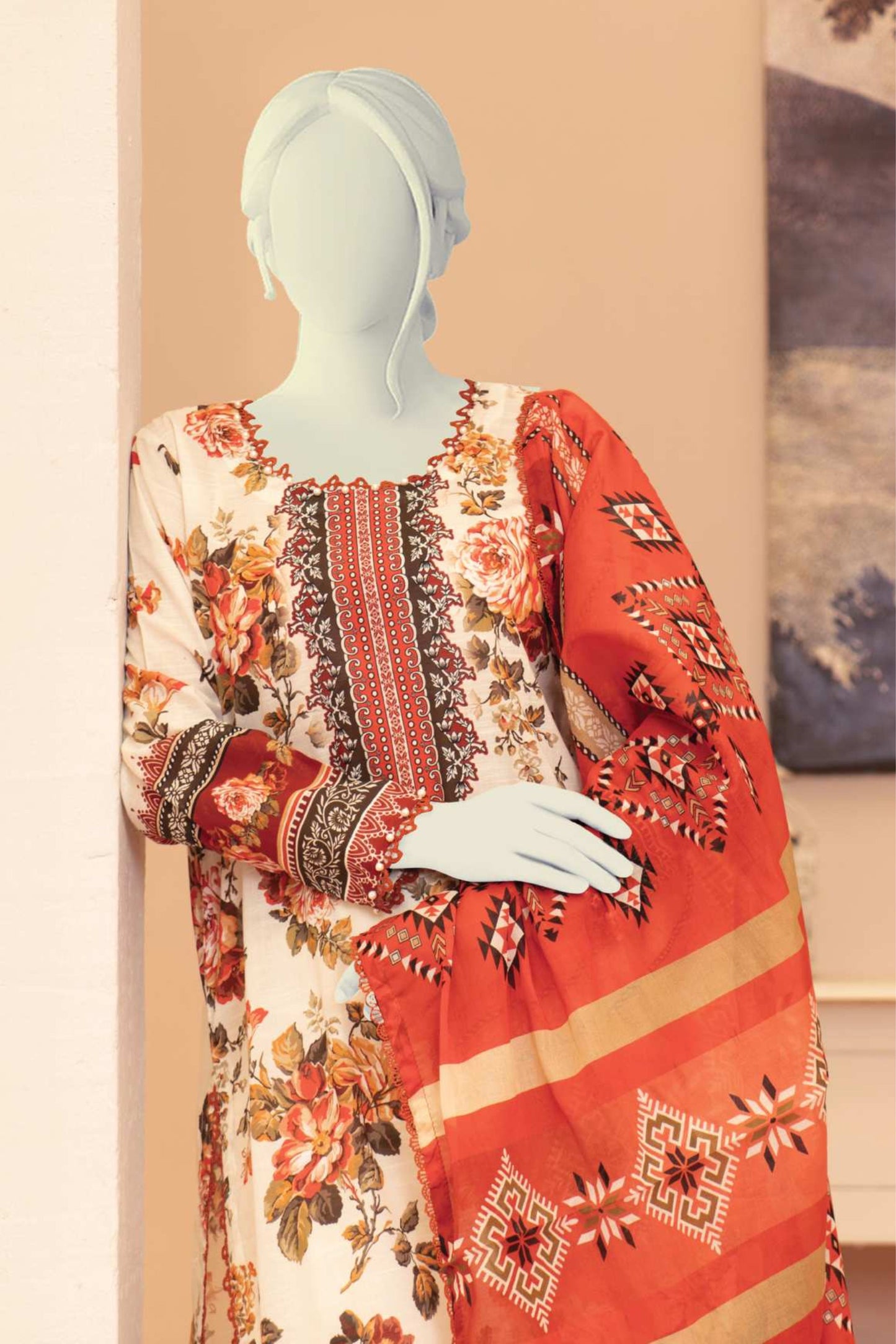 3 Pieces - Murashee Unstitched Cream Printed Lawn Suit