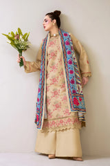3 Pieces - Marooj Luxury Embroidered Unstitched OFF-White Karandi Ladies Suits