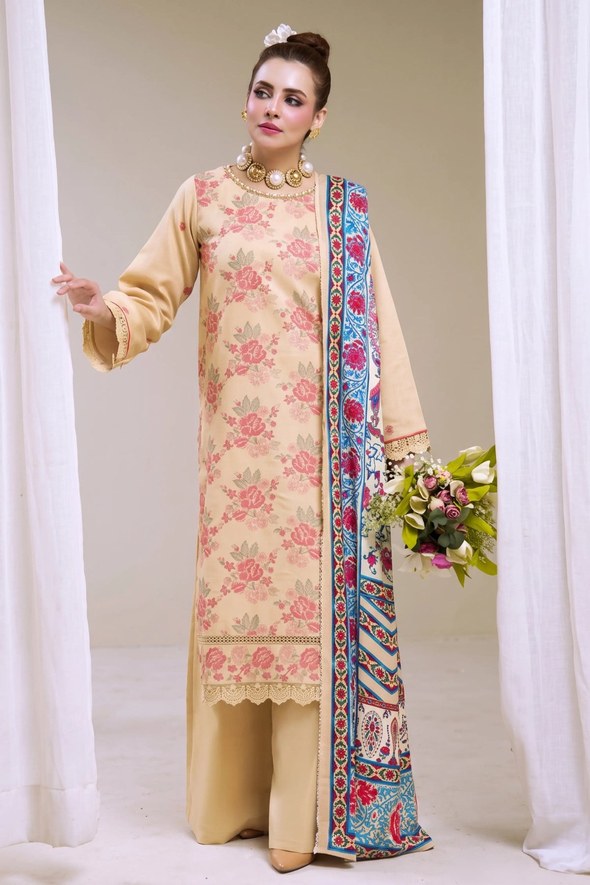 3 Pieces - Marooj Luxury Embroidered Unstitched OFF-White Karandi Ladies Suits
