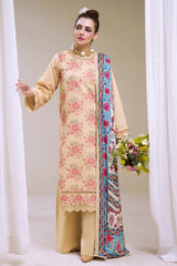 3 Pieces - Marooj Luxury Embroidered Unstitched OFF-White Karandi Ladies Suits