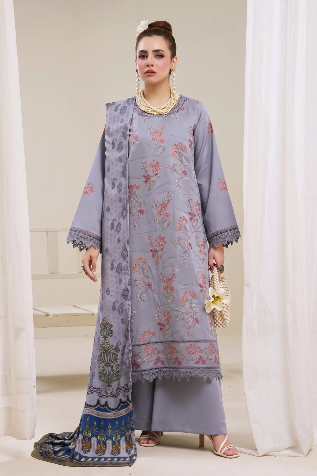 3 Pieces - Marooj Luxury Embroidered Unstitched Light Purple  Karandi Ladies Suits