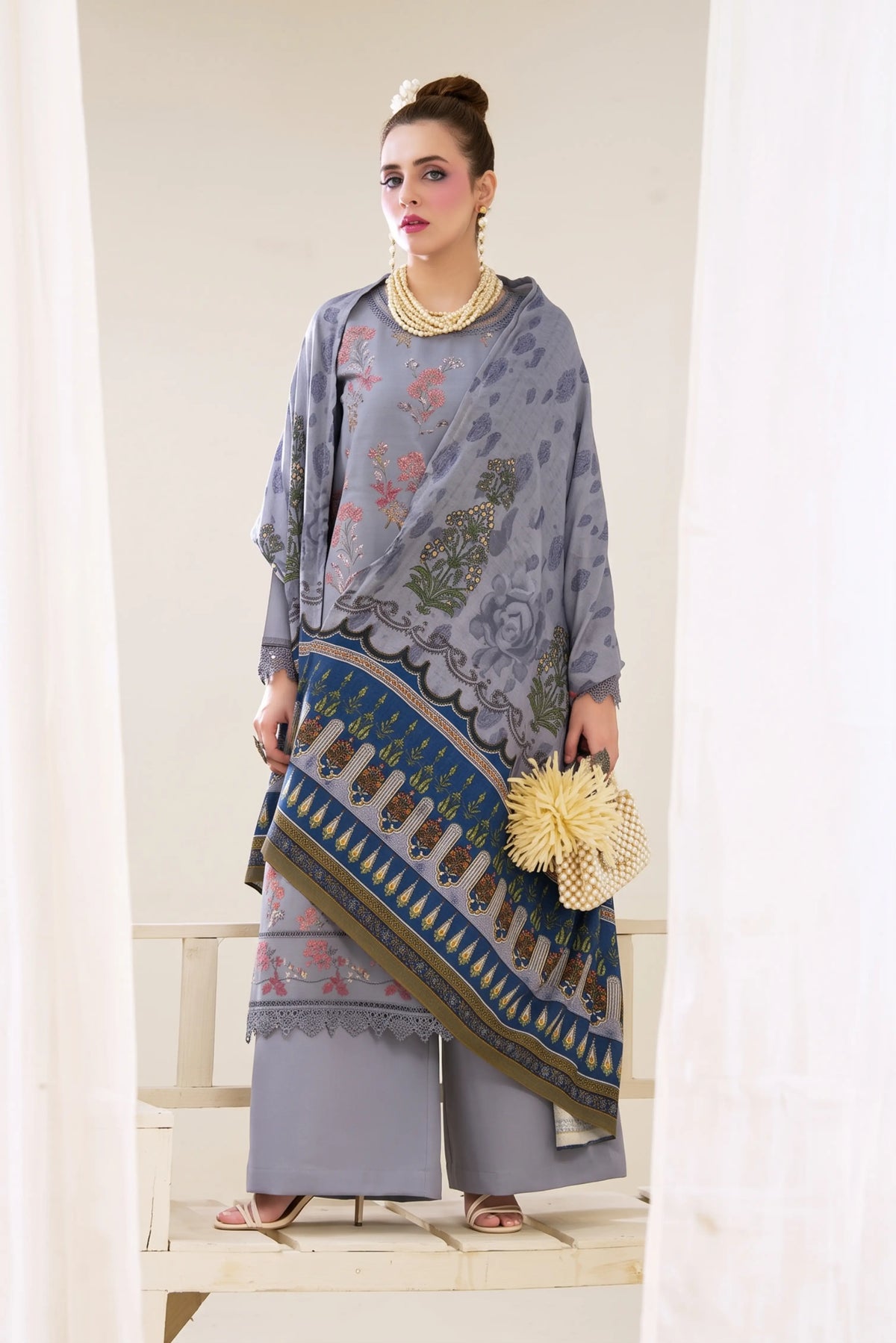 3 Pieces - Marooj Luxury Embroidered Unstitched Light Purple  Karandi Ladies Suits