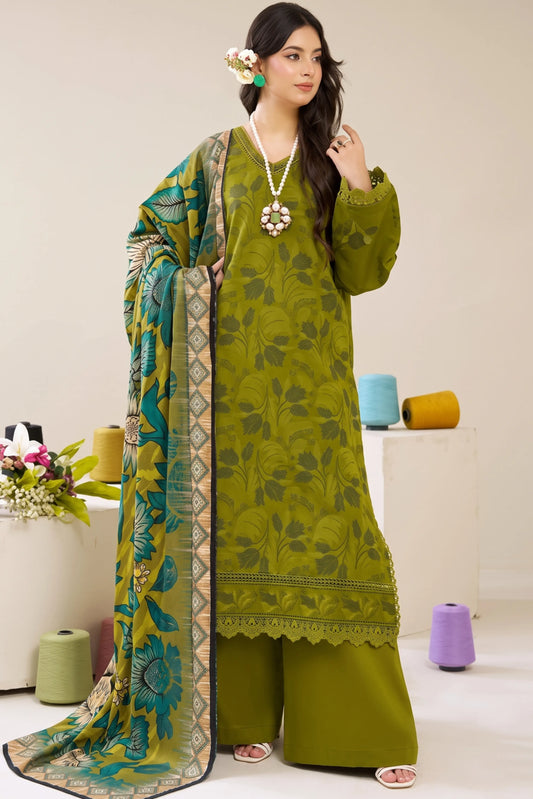 3 Pieces - Marooj Luxury Embroidered Unstitched Mehndi  Karandi Ladies Suits