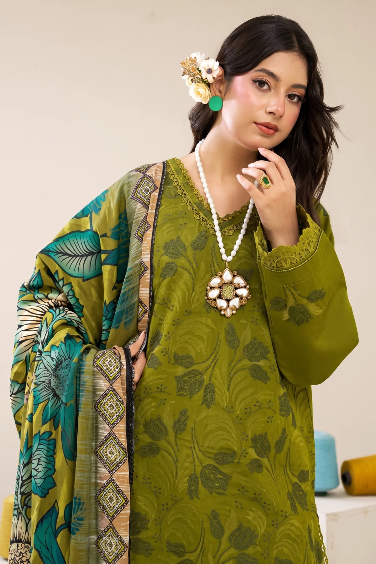 3 Pieces - Marooj Luxury Embroidered Unstitched Mehndi  Karandi Ladies Suits