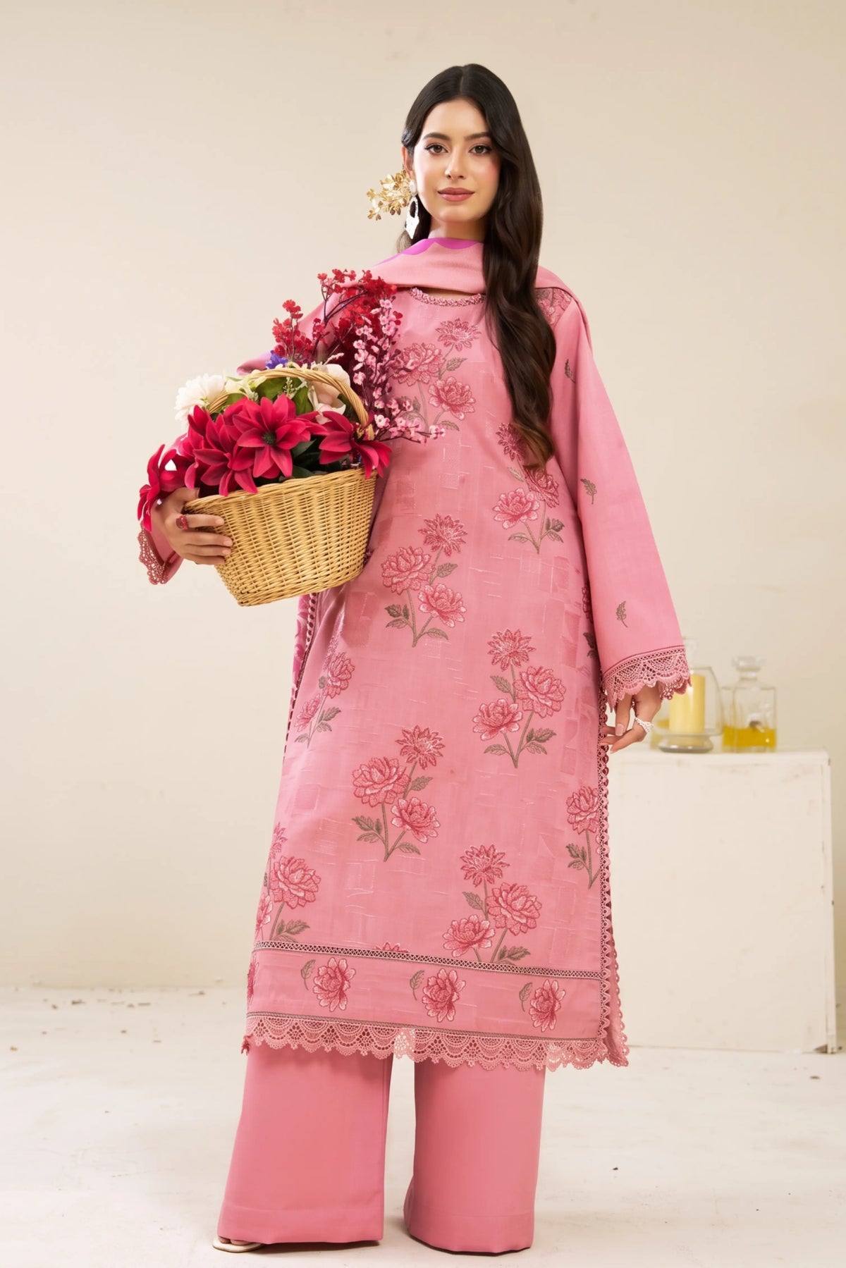 3 Pieces - Marooj Luxury Embroidered Unstitched Baby Pink  Karandi Ladies Suits