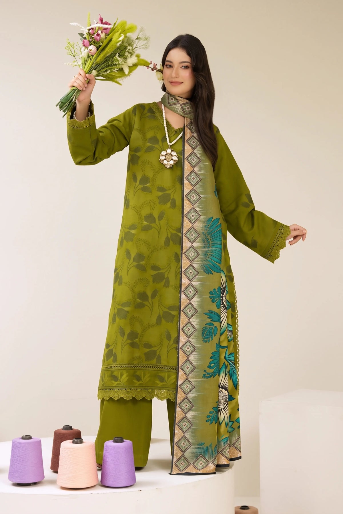 3 Pieces - Marooj Luxury Embroidered Unstitched Mehndi  Karandi Ladies Suits