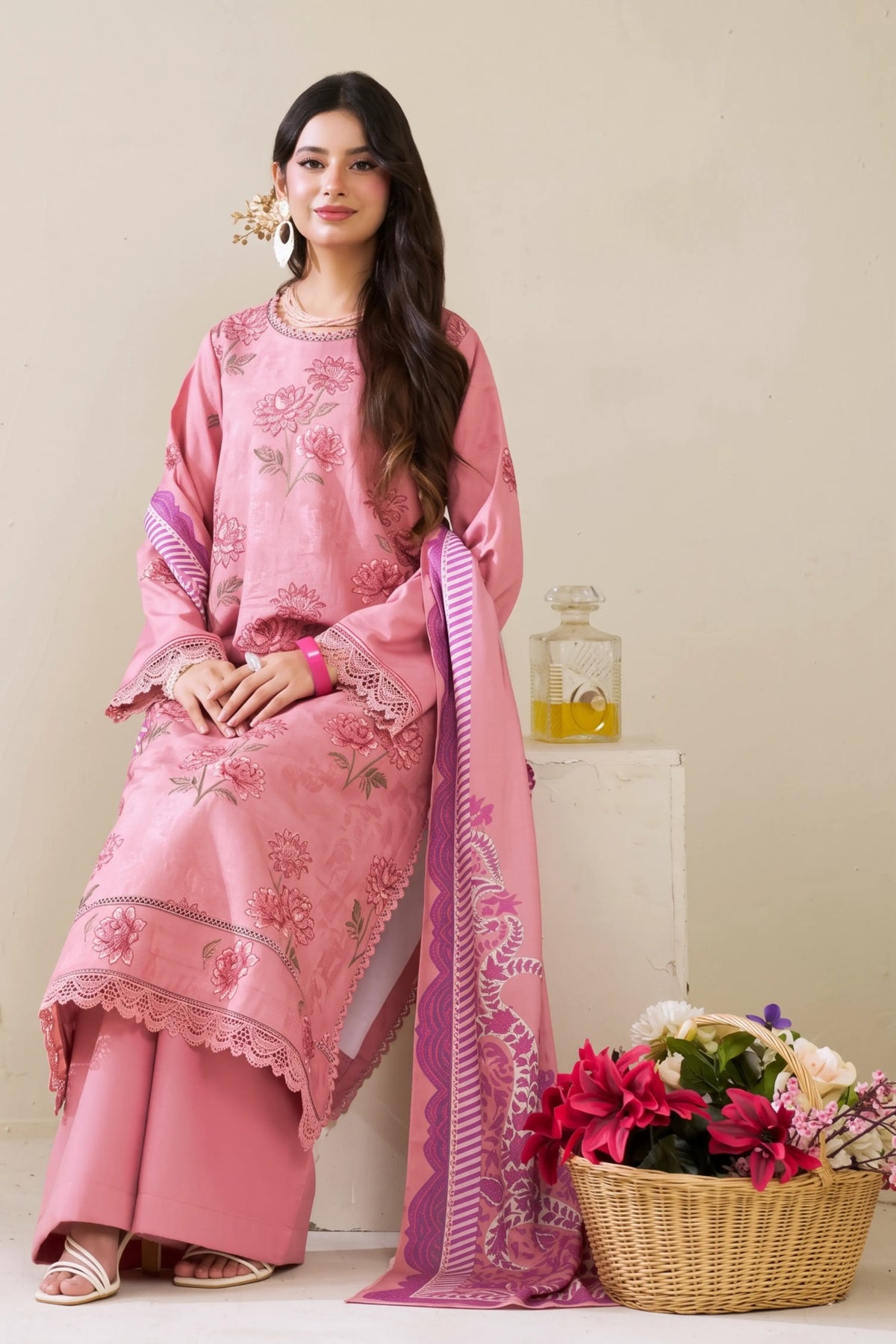 3 Pieces - Marooj Luxury Embroidered Unstitched Baby Pink  Karandi Ladies Suits