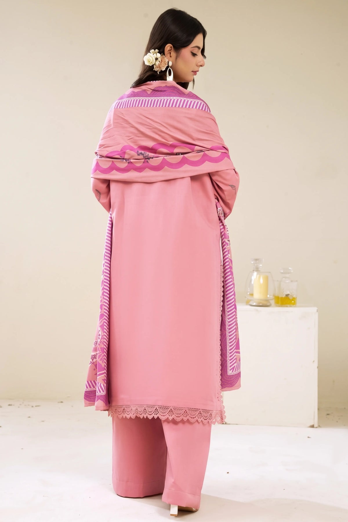 3 Pieces - Marooj Luxury Embroidered Unstitched Baby Pink  Karandi Ladies Suits