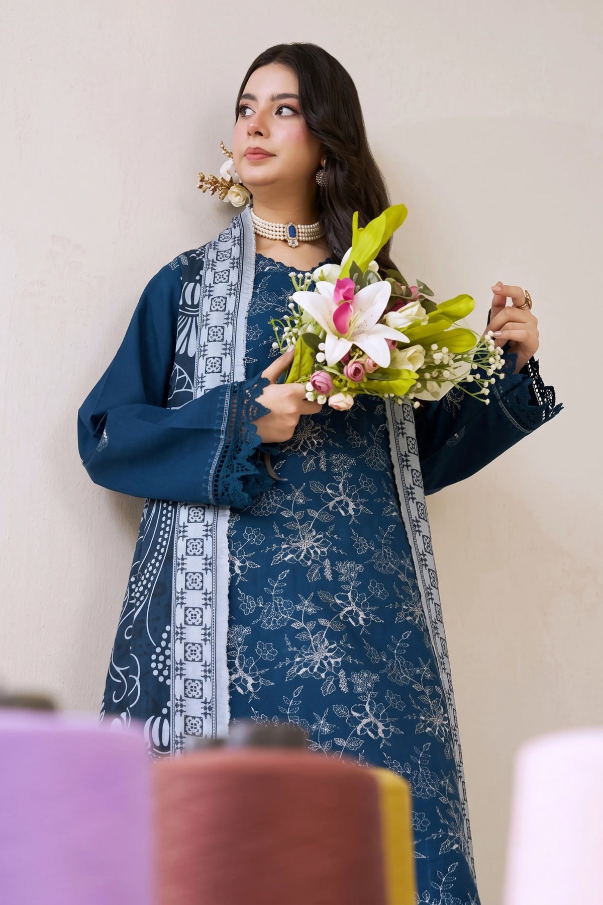 3 Pieces - Marooj Luxury Embroidered Unstitched Blue  Karandi Ladies Suits