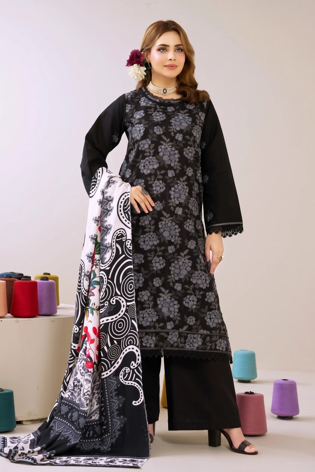 3 Pieces - Marooj Luxury Embroidered Unstitched Black Karandi Ladies Suits