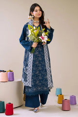 3 Pieces - Marooj Luxury Embroidered Unstitched Blue  Karandi Ladies Suits