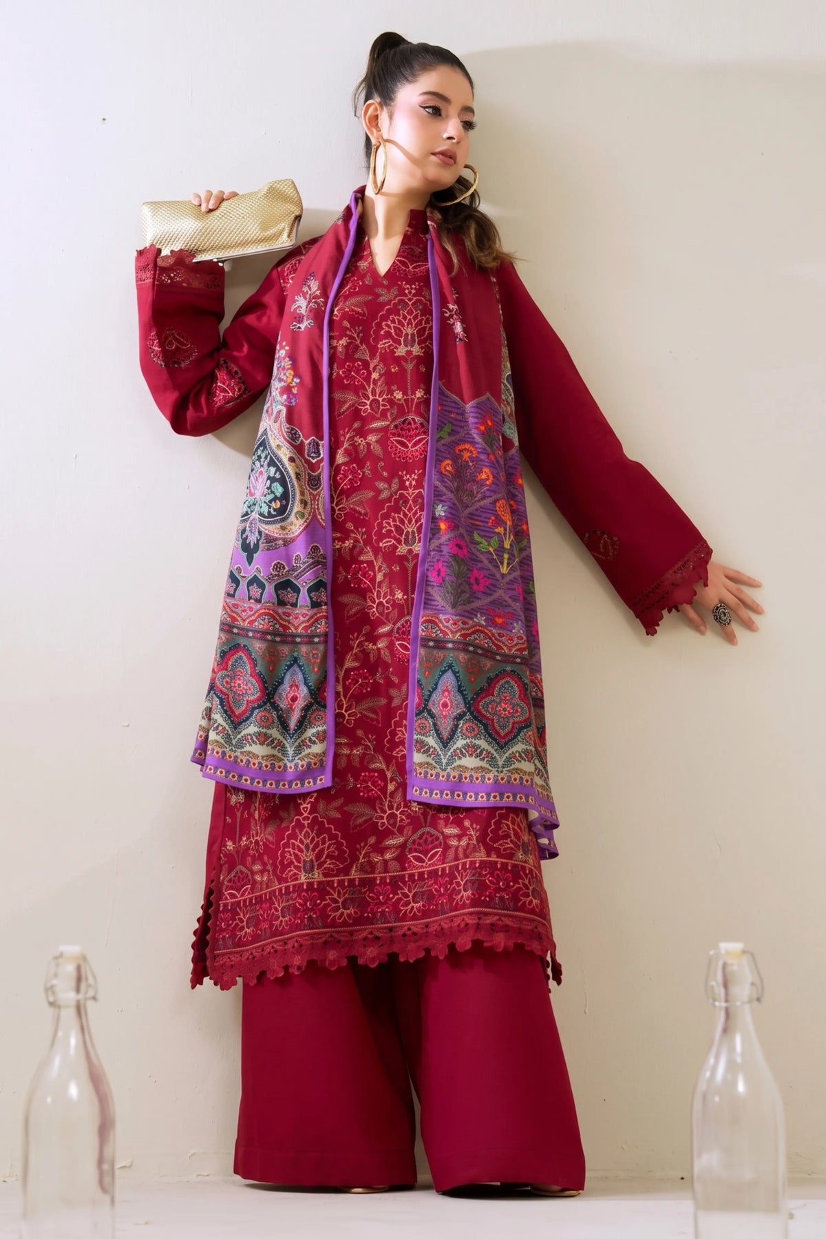 3 Pieces - Marooj Luxury Embroidered Unstitched Red  Karandi Ladies Suits