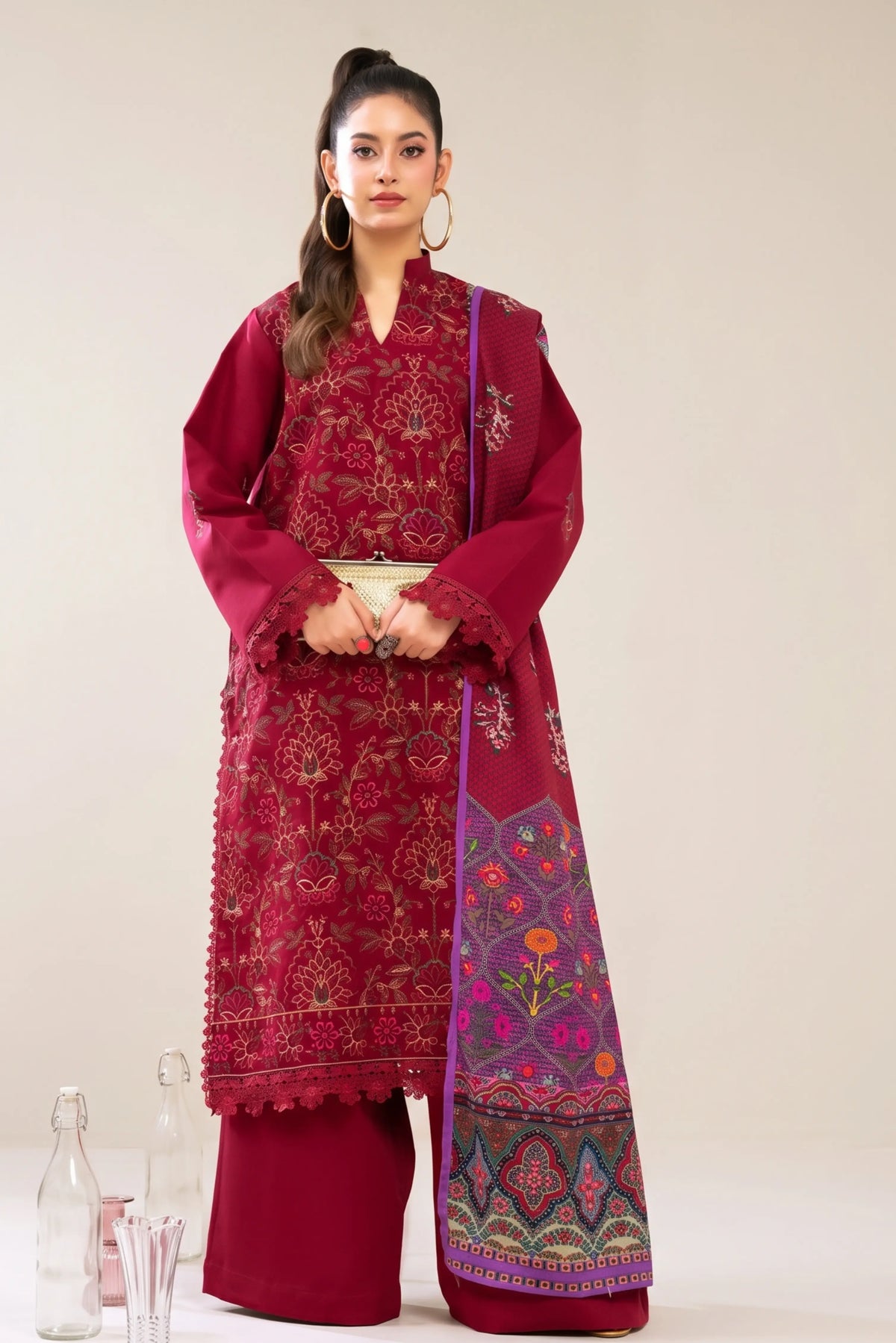 3 Pieces - Marooj Luxury Embroidered Unstitched Red  Karandi Ladies Suits