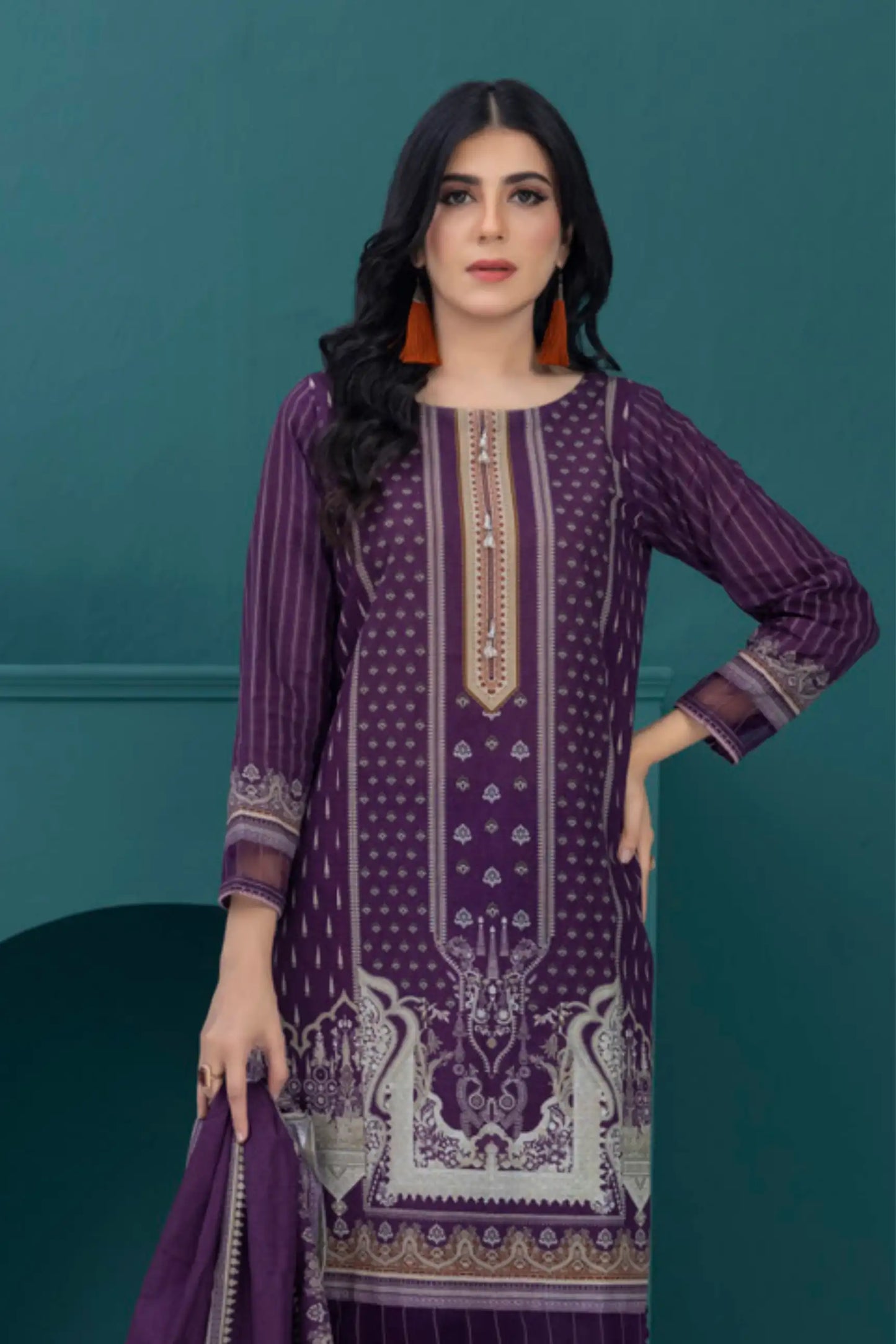 3 Pieces - Regalia Stitched Dark Purple  Printed Khaddar Suit
