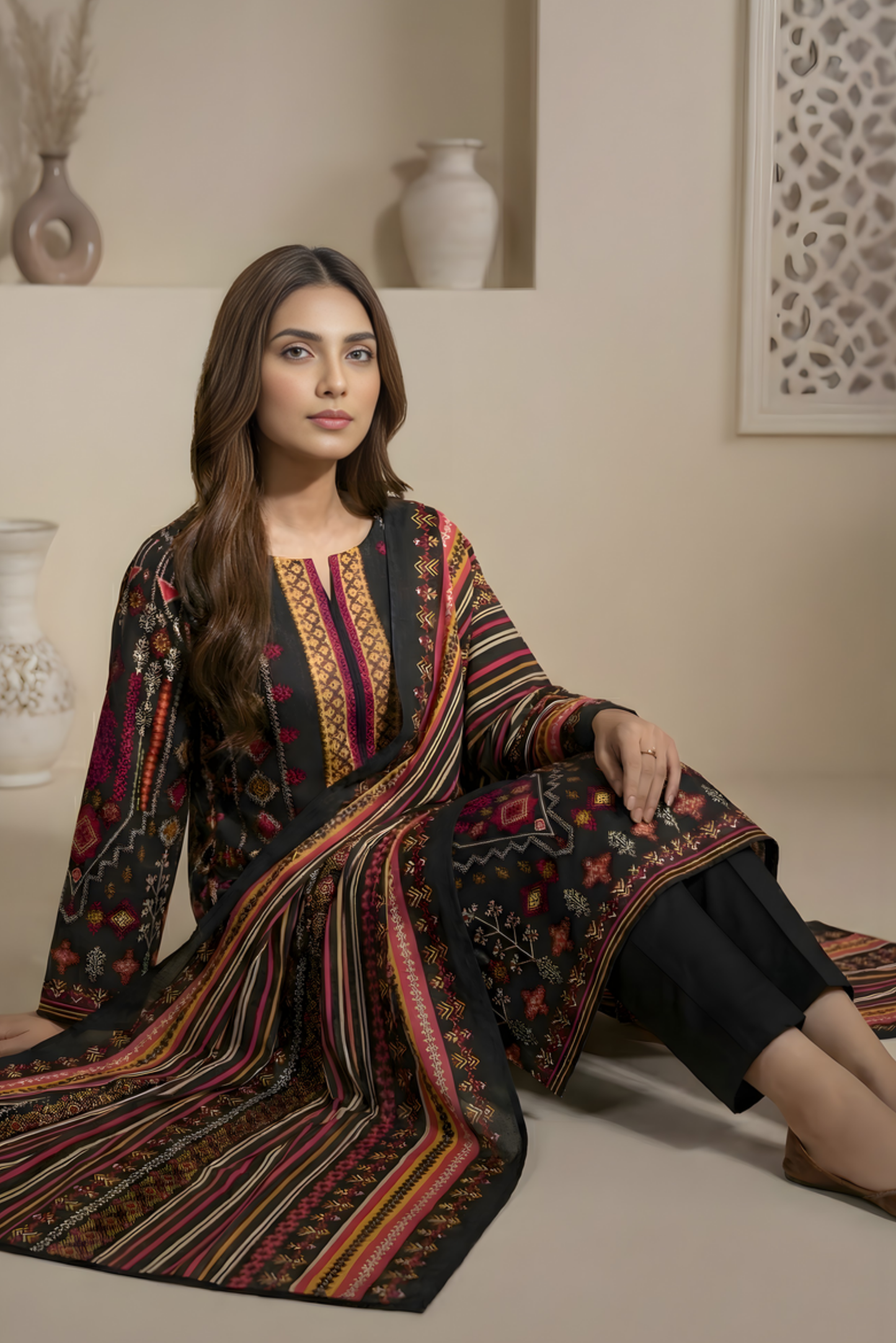 3 Pieces - Marooj Unstitched Jet Black Transliminor Magic Print Lawn Suit