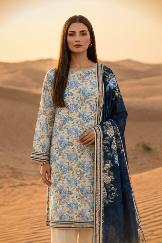 3 Pieces - Janan Unstitched Off White Printed Lawn Suit
