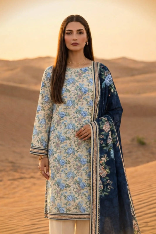 3 Pieces - Janan Unstitched Off White Printed Lawn Suit