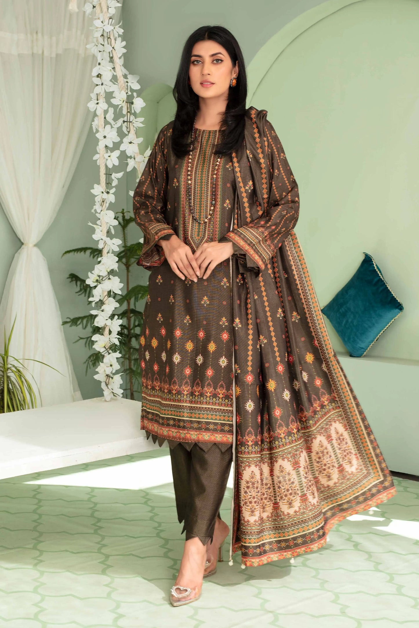 3 Pieces - Aizal Unstitched Brown Printed Shamray Linen Suit