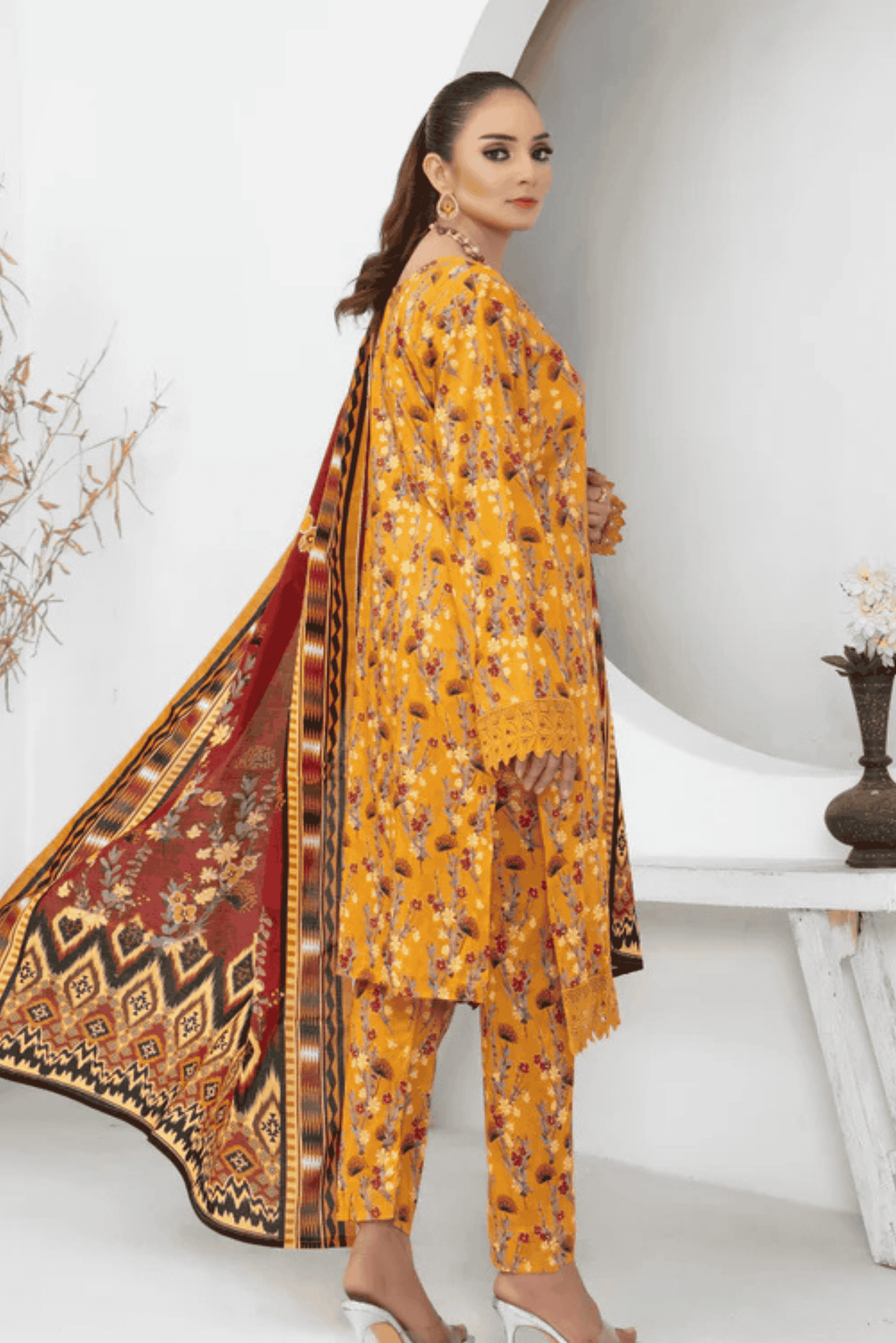 3 Piece - Mahi Unstitched Yellow Ladies Print Lawn Suit