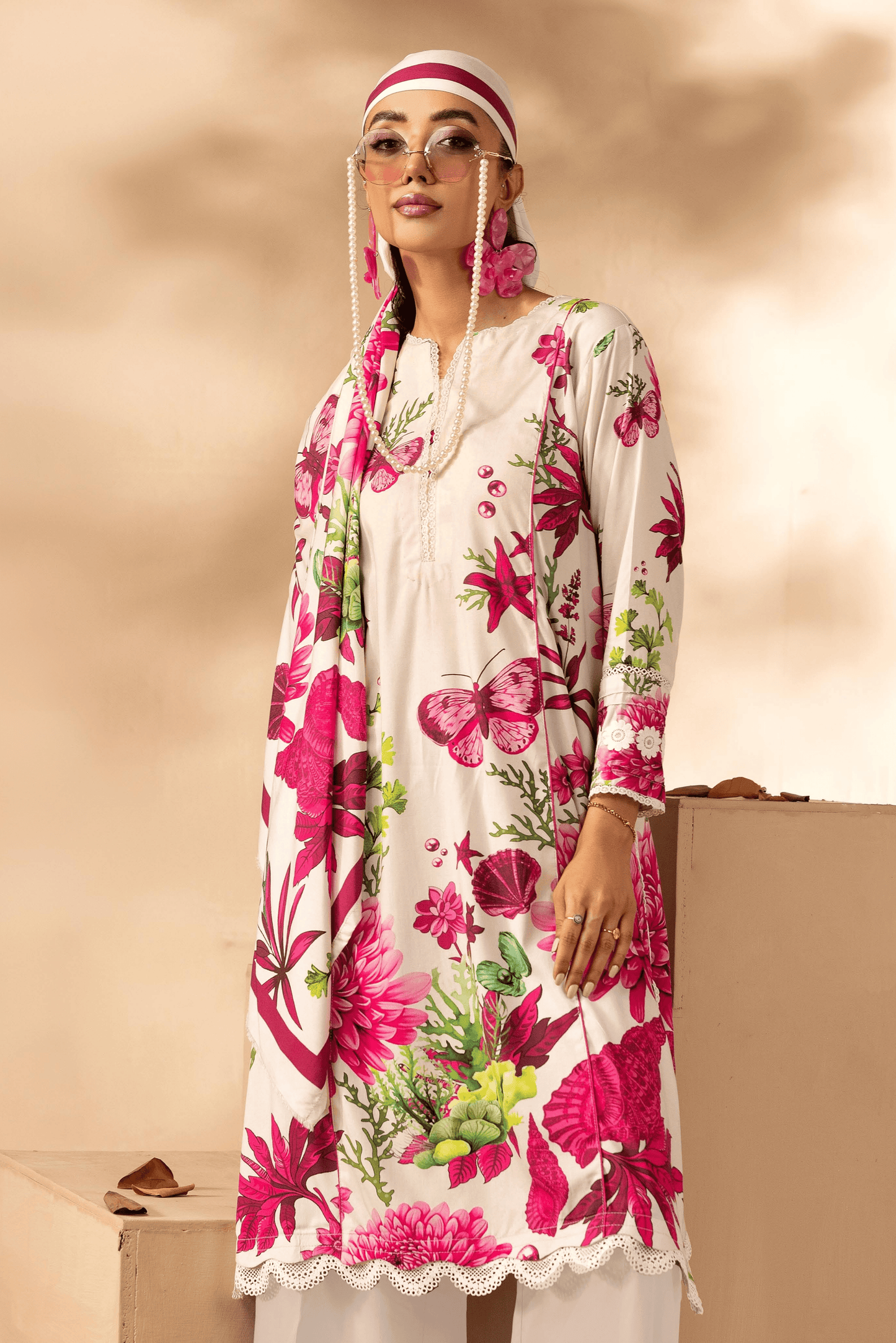 3 Pieces - Rangreza Unstitched Off White Printed Linen Suit