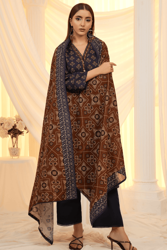 3 Pieces - Regalia Unstitched Blue Printed Khaddar Suit