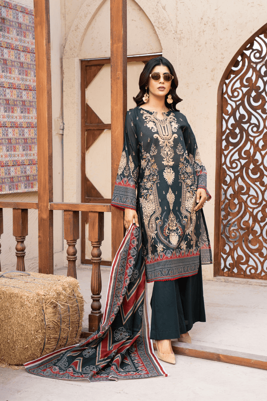 3 Piece - Gold Unstitched Dark Green Printed Lawn Suit