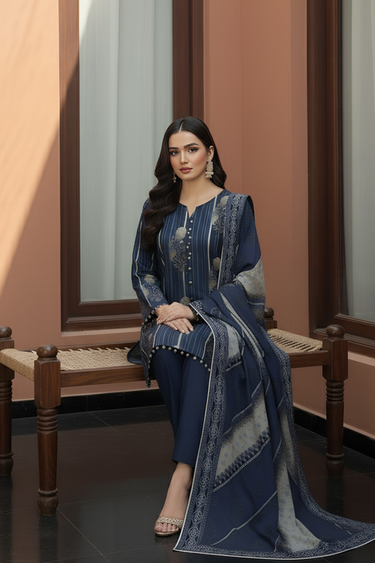 3 Pieces - Marooj Unstitched Dark Blue Printed Khaddar Suit
