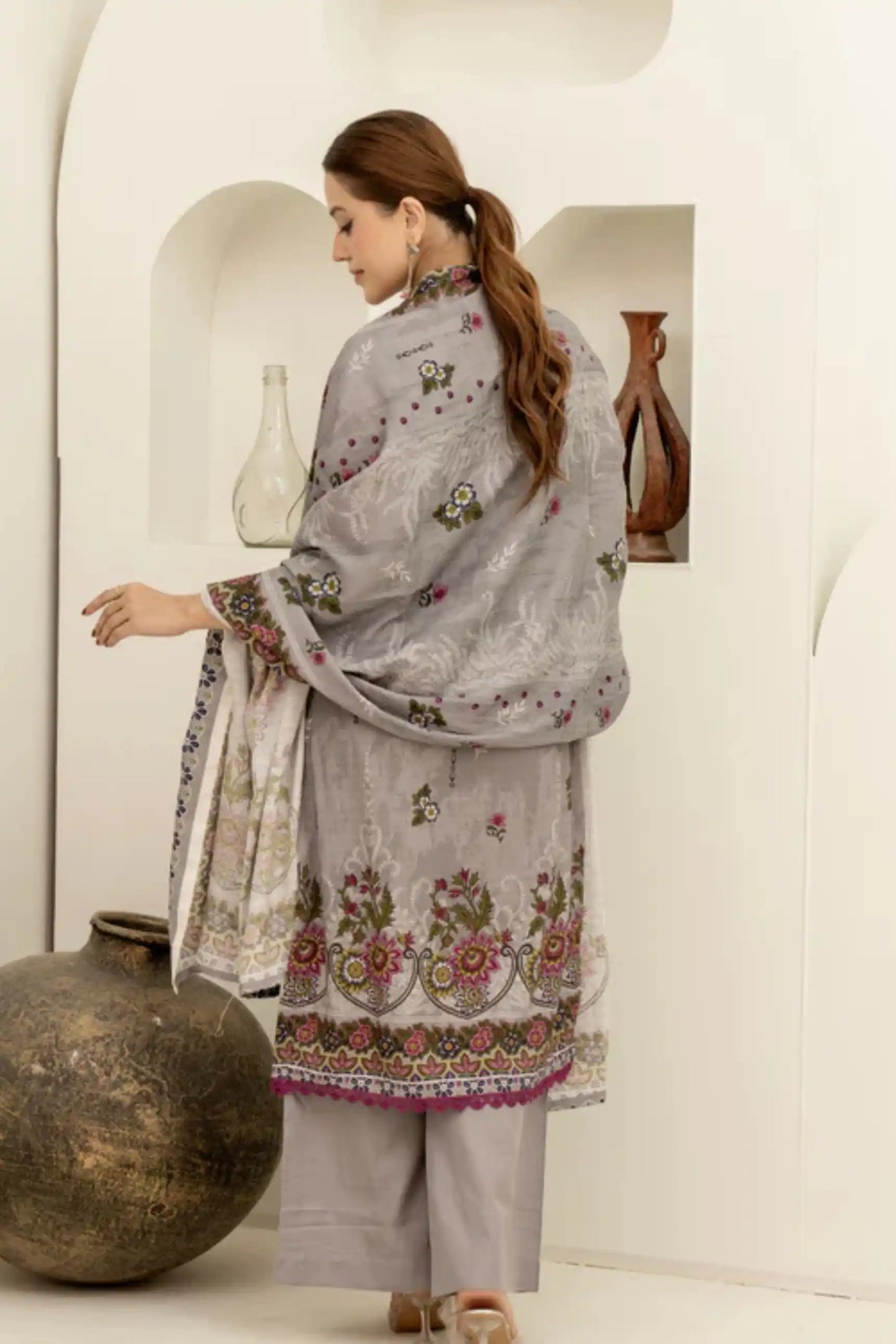 3 Pieces - Marooj Unstitched Grey BanaDora Linen Suit