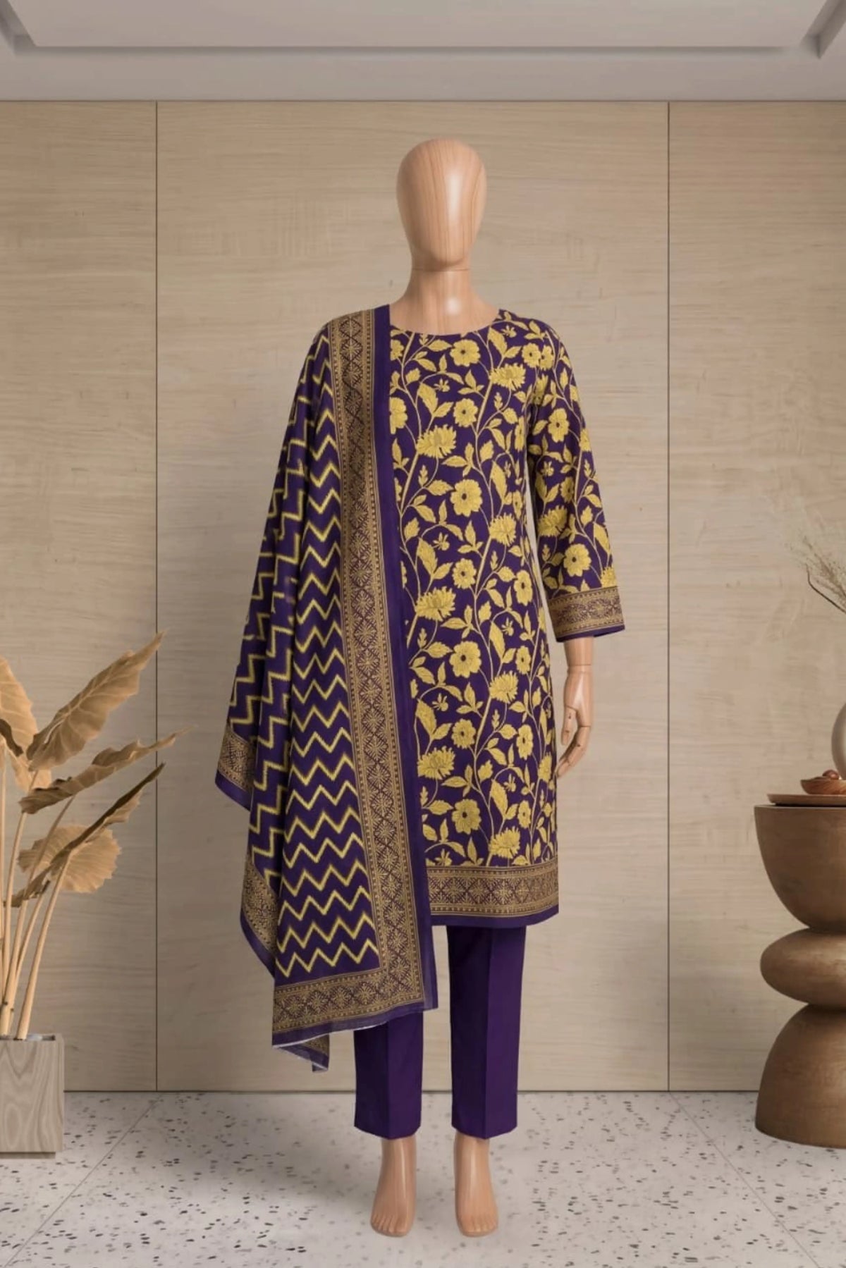 3 Pieces - Rijja By Murashe Unstitched Purple Ladies Printed  Khaddar Suit