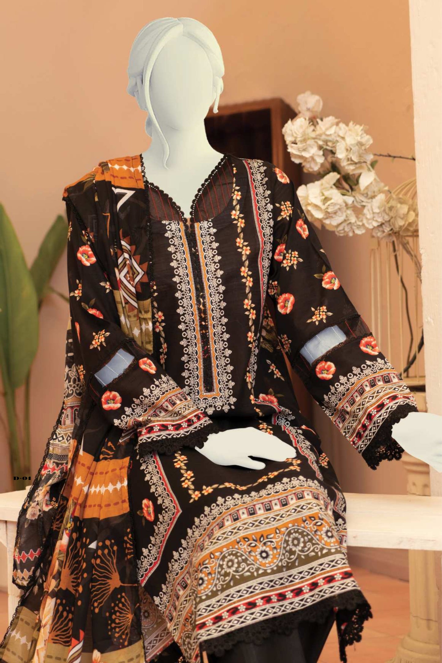 3 Pieces - Murashee Unstitched Black Printed Lawn Suit