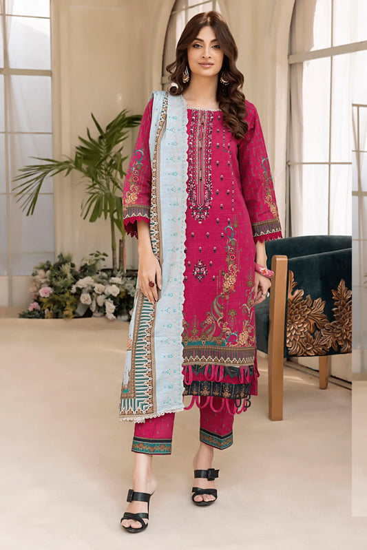 3 Pieces - Regalia Stitched Redish Pink Embroidered Khaddar Suit