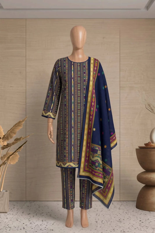 3 Pieces - Rijja By Murashe Unstitched Navy Blue Ladies Printed  Khaddar Suit